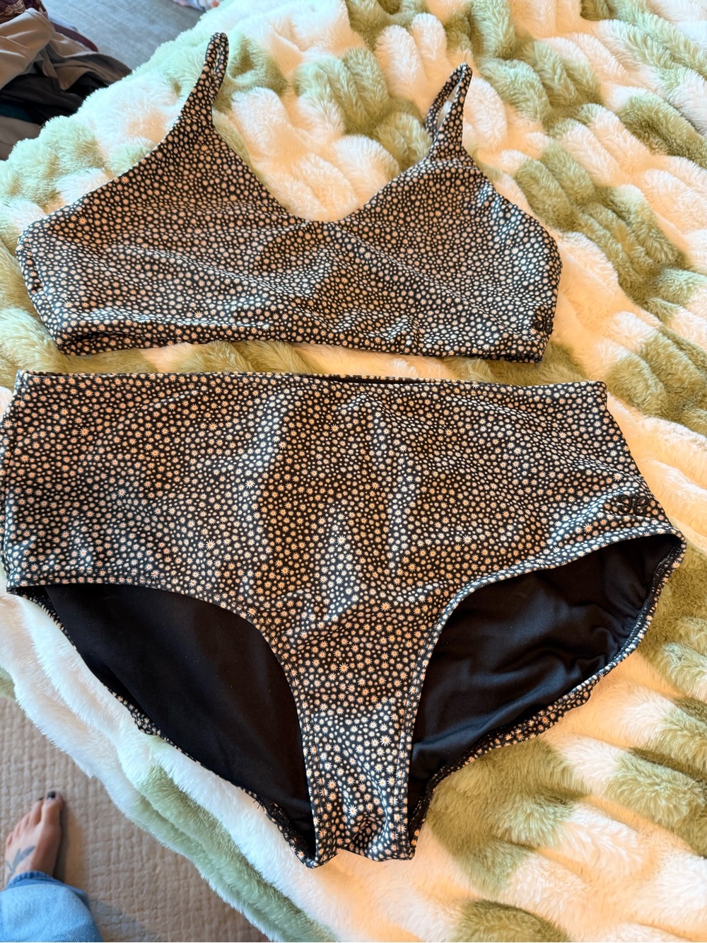 Albion Black and White Speckled Swim Bra and High-Waist Bottoms